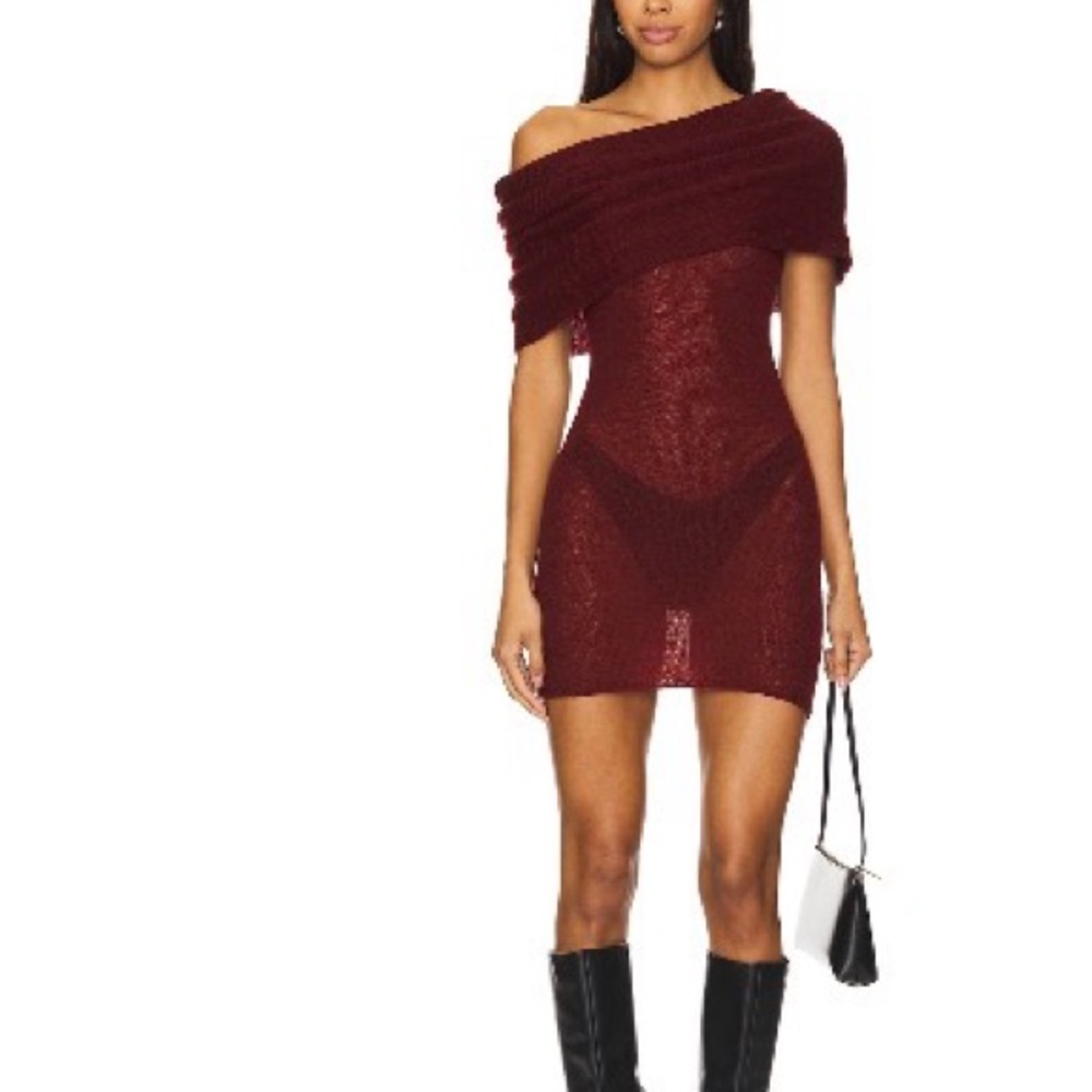 h:ours Adele Off-Shoulder Sweater Burgundy Mini Dress